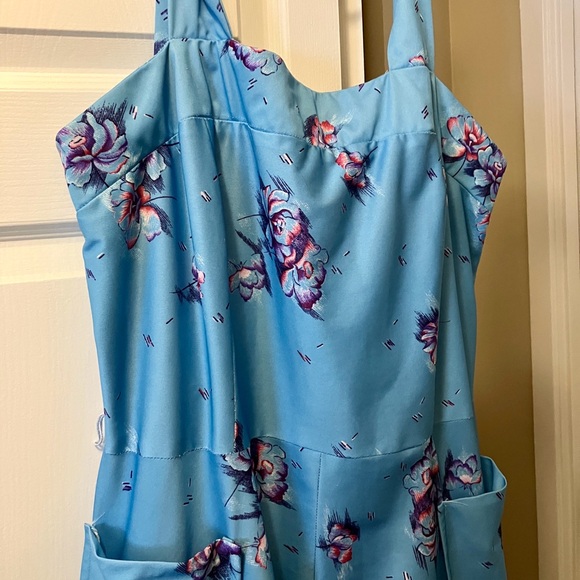 Vintage 1970s Blue Floral Geometric Print Dress | Plus Size | Soft Stretch - Picture 1 of 12